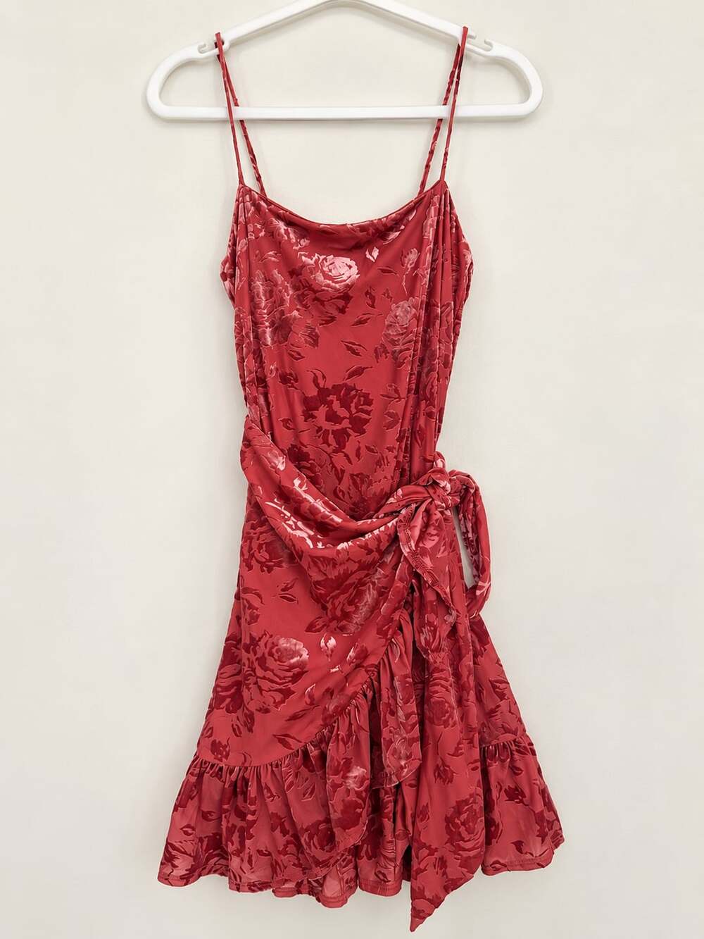 Free People Olivia Rose Pink Floral Burnout Velvet Ruffled Wrap Mini Dress – XS